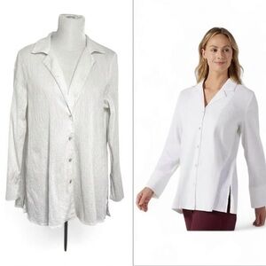 Marla Wynne White Crinkle Tunic Button Down Shirt Cotton Womens Size Large